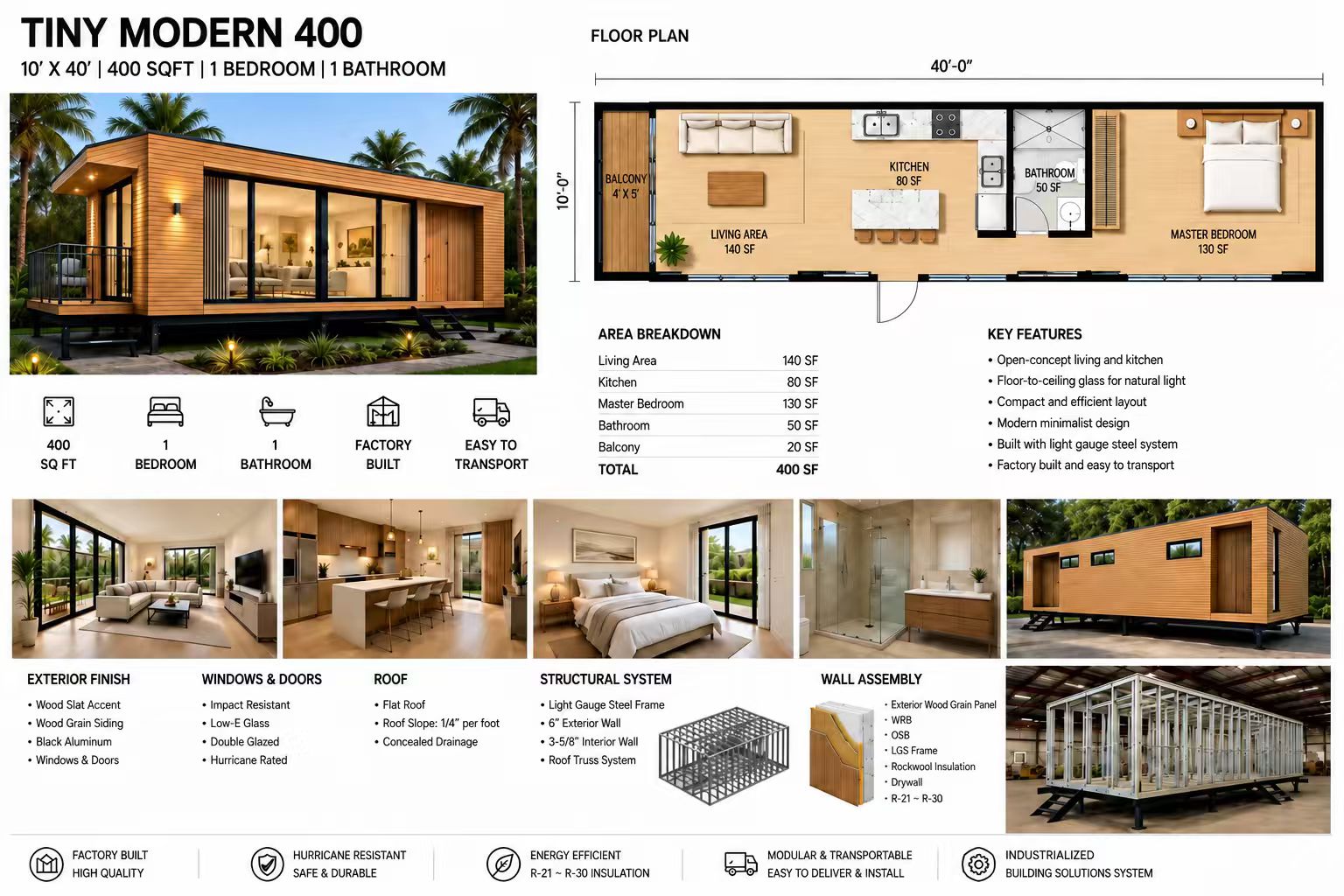 Private Living 400 supplied concept sheet with exterior, interior, and floor plan