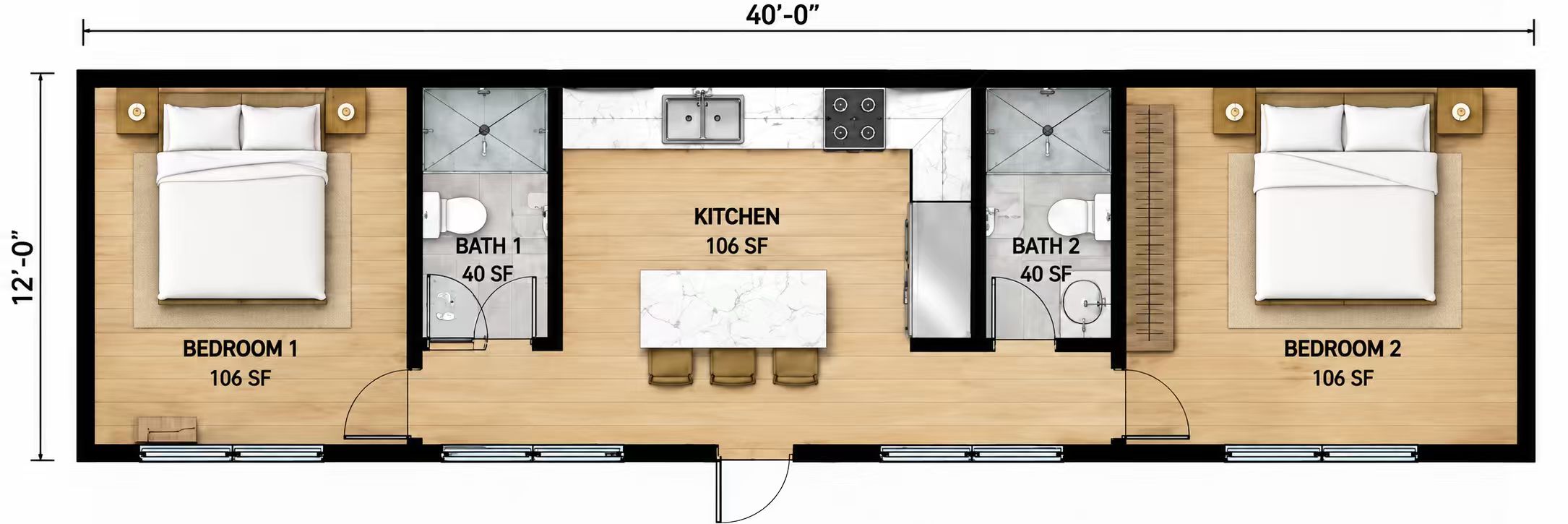Alternate 12 by 40 foot floor plan with two bedrooms and two bathrooms