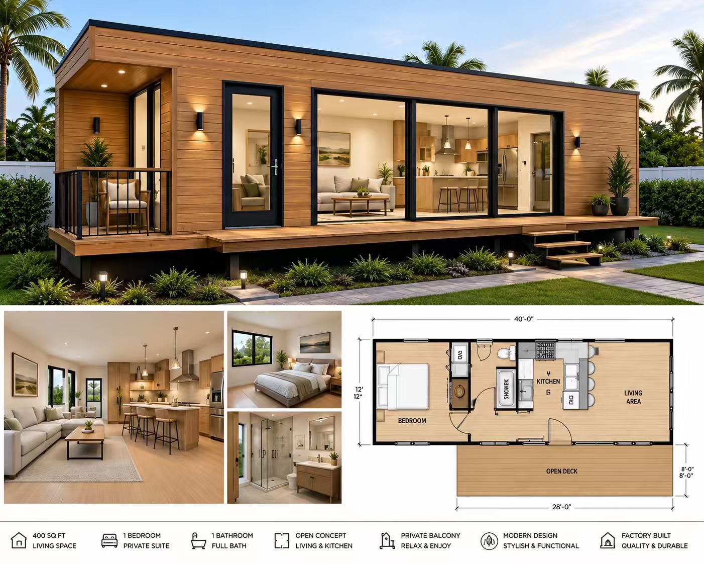 Supplied modular housing concept with wood-look exterior and a deck